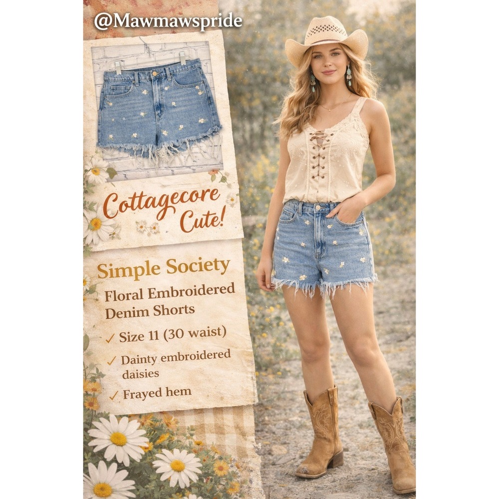 Simple Society Floral Embroidered Shorts Frayed‎ Hem Daisy Jean Shorts Size 11